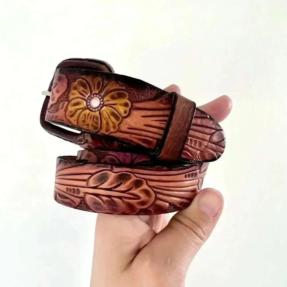 Tooled Leather Floral Belt with Purple and Yellow Flowers Size 38 - Picture 4 of 11